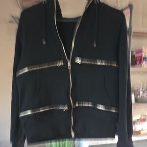 TOV Distressed Black Hoodie with Gold Zipper Accents